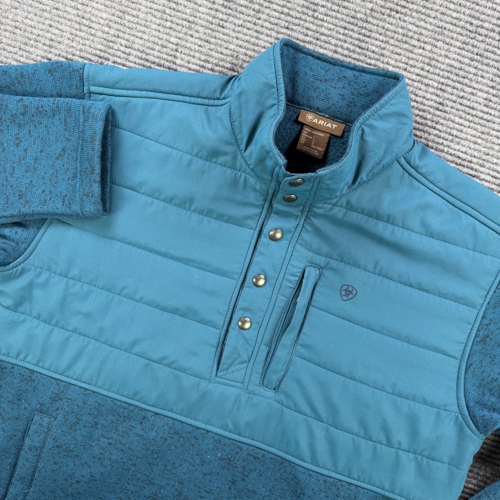 Ariat Hybrid Quilted Fleece Pullover Mens Large Teal Blue Snap Mock Neck Western